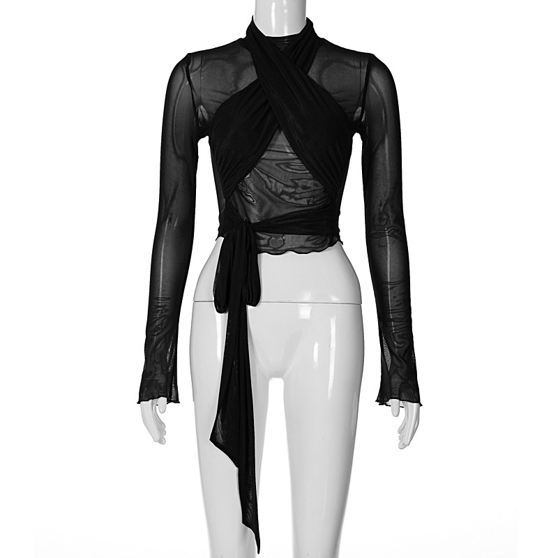 Women's T Shirts Mesh See Through Shirt Women Cross Strap Slim Crop Top Short Sleeve Aesthetic Clothes Purple Solid Streetwear Ropa De Mujer