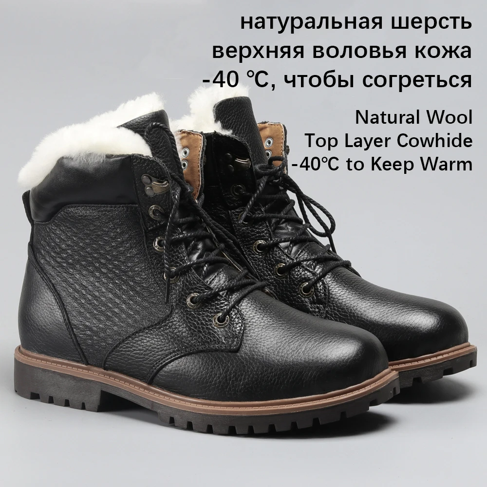 Natural Wool Men Winter Shoes 2024 Natural Cow Leather Super Warm Size 40~47 Winter Boots Non-Slip Snow Boots Men #YM1570