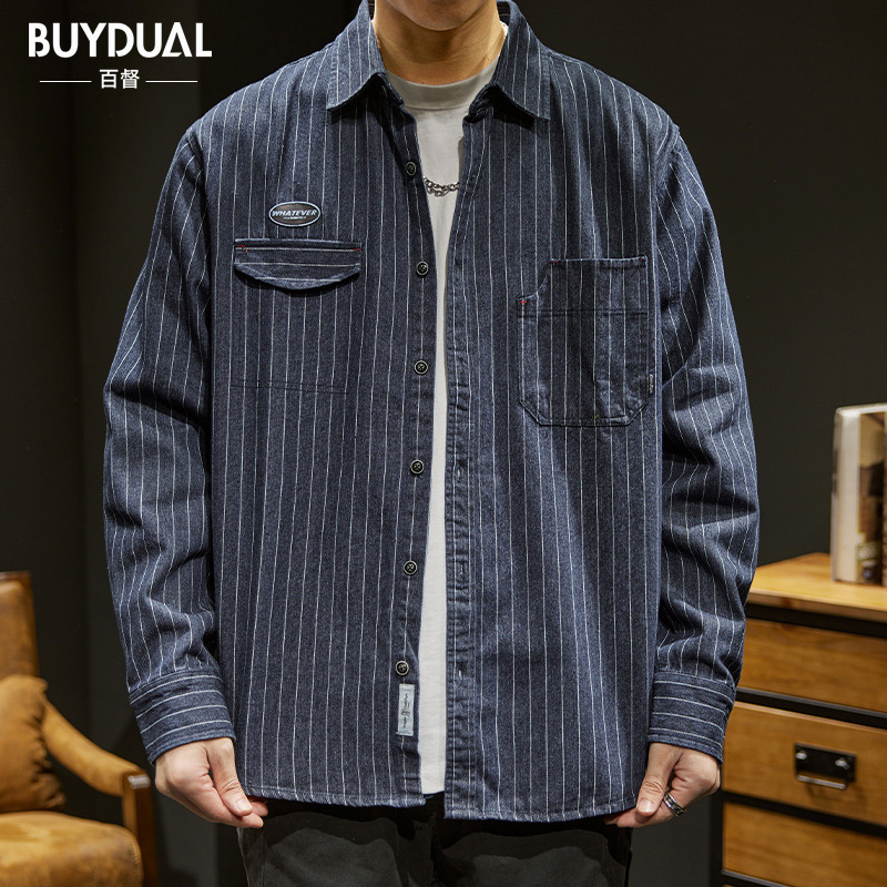 Men's Casual Shirts Bronson Wabash Striped Dotted Work Shirt Traditional Style Men's Work Wear Shoulder Straps Indigo 230408