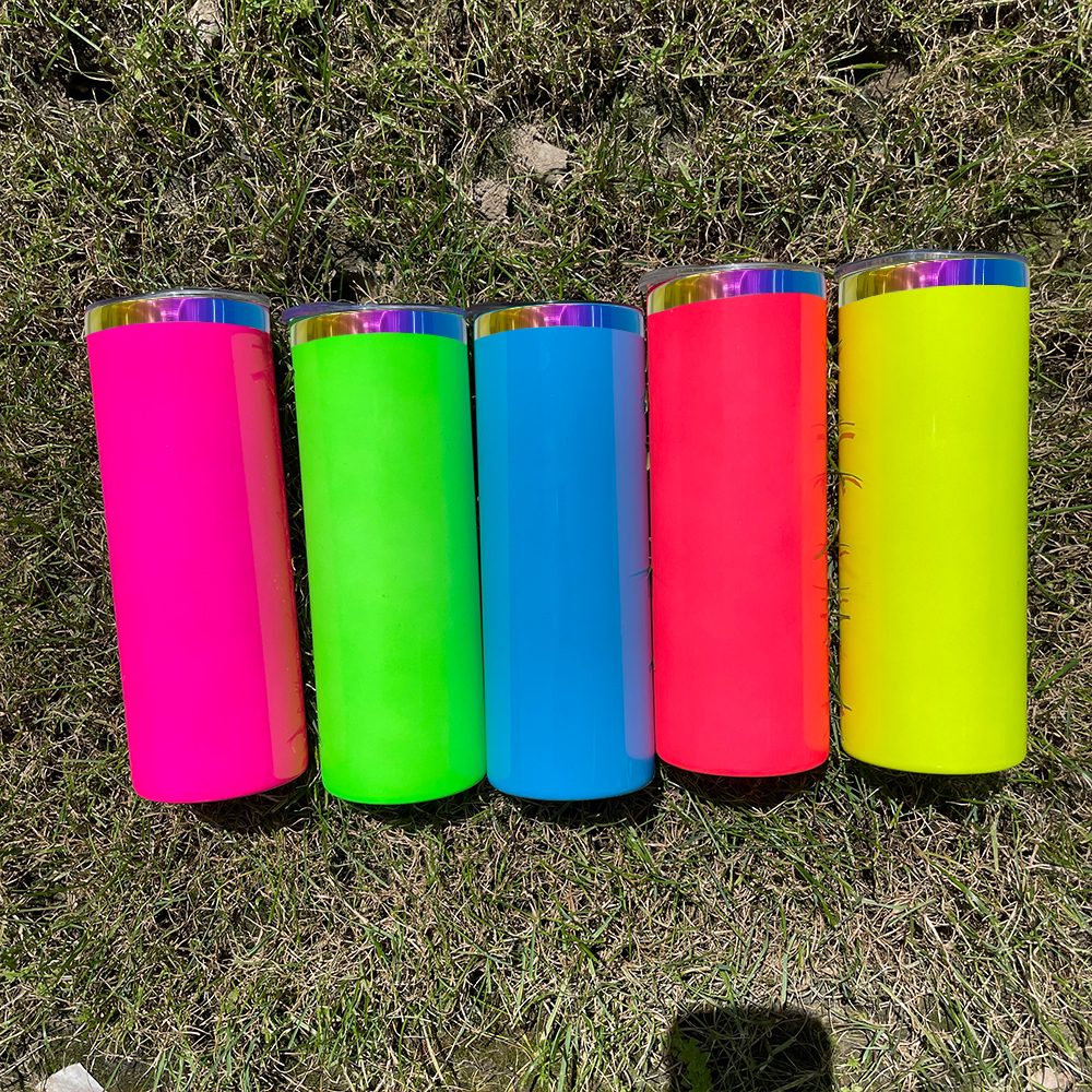 Neon colored 25pack 20oz rainbow underneath stainless steel skinny straight tumbler vacuum insulated mug with colored straw for laser engrave