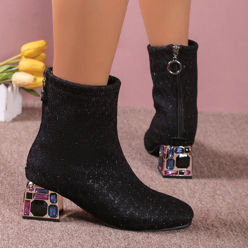Women New Sexy High Heels Shoes Chunky Sequin Chelsea Boots 2024 Autumn Winter Pointed Toe Shoes Zipper Suede Ankle Boots Pumps