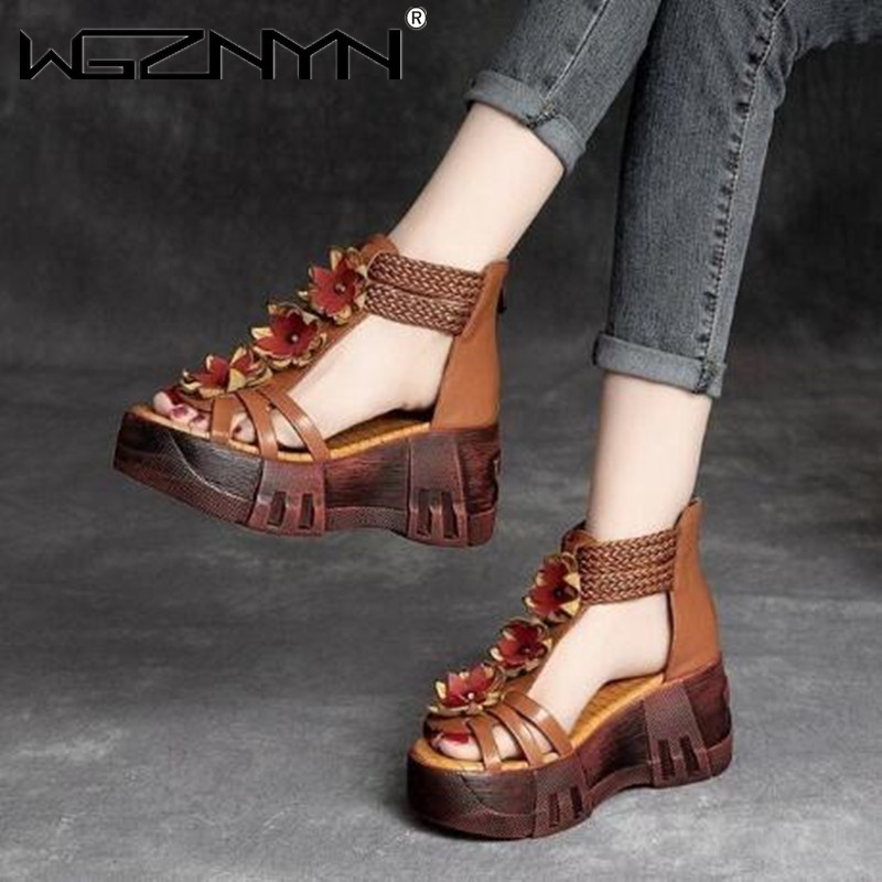 Trending Floral Wedge Sandals for Women Open Toe PU Leather Platform Heels Comfortable Summer Casual Dress Shoes
