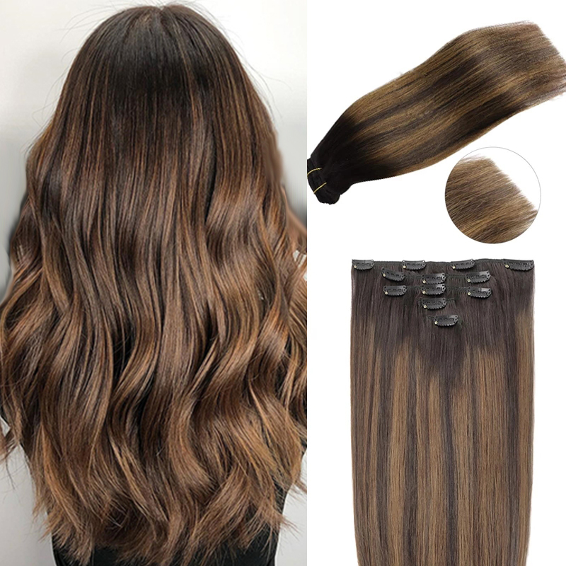 Clip In Human Hair Extensions Light Brown Honey Ombre Balayage Black Hair Pieces For Women With Clips 120g