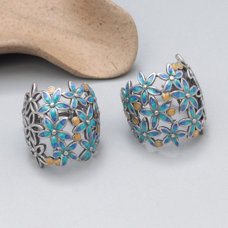 Vintage 925 Sterling Silver Enamel Earrings for Women Girls Ethnic Hollow Flower Cluster Hanging Earrings Original Jewelry EH184