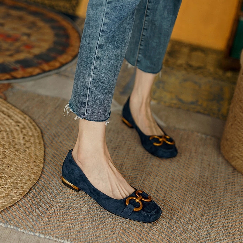 Ladies Flat Retro Square Toe Leather Loafers for Women 2023 Spring Casual Flats Elegant Metal Buckle Female Shoes