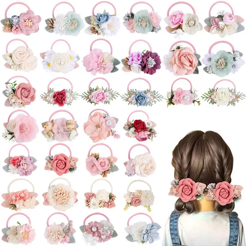 Elastic 2025 Flower Hair Bands for Girls Ponytail Holders Kids Floral Hair Tie Baby new Pearls Hairband Headwear Rubber Hair Accessories
