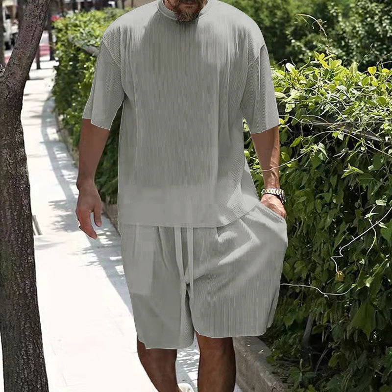 Spring Summer Casual Mens Striped Two Piece Set Clothing Short Sleeve O Neck T Shirt Shorts Suit Men Fashion Streetwear 240518