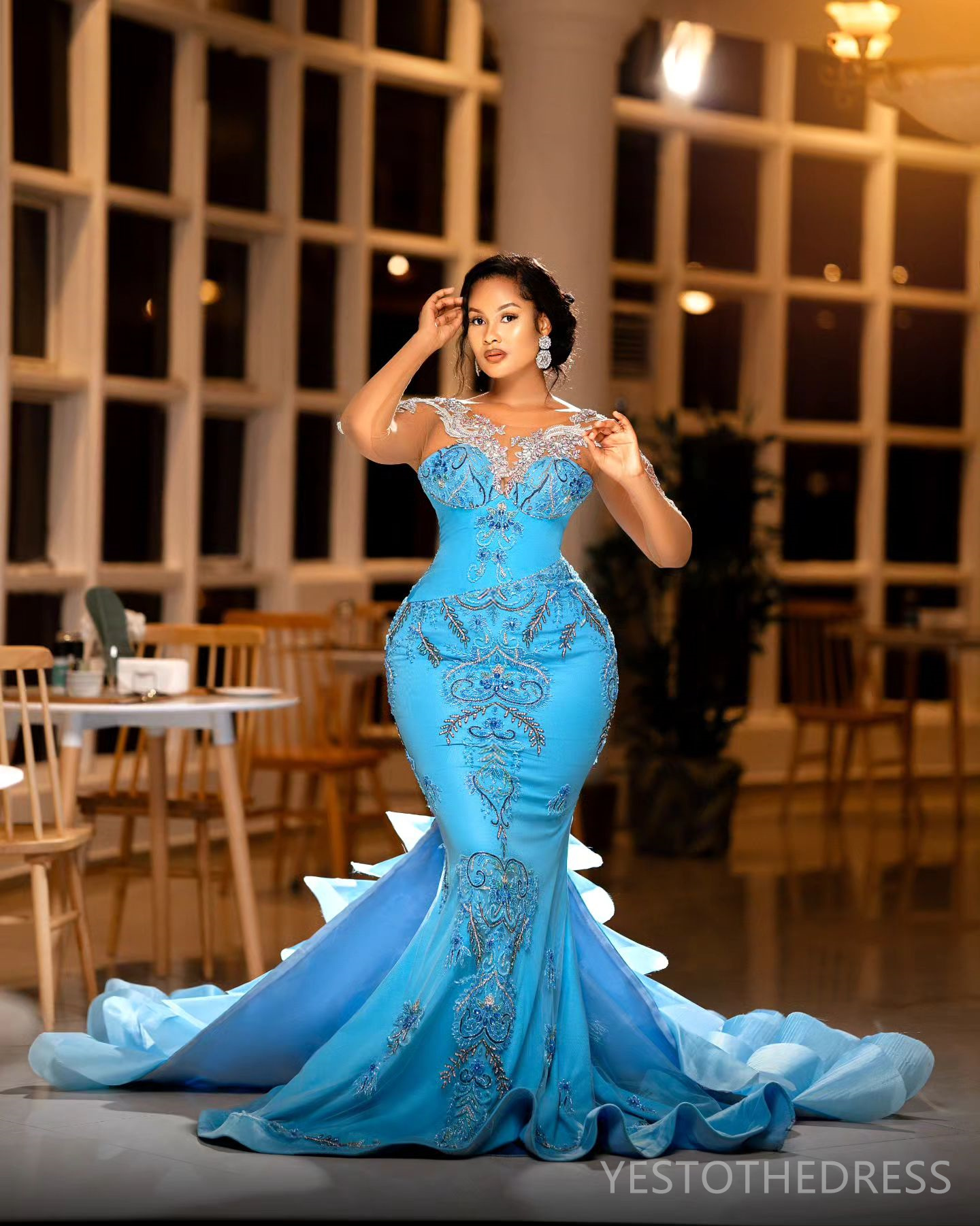 R&W 2024 Plus Size Aso Ebi Prom Dresses for Special Ocns With Detachable Train Illusion Long Sleeves Rhies Beaded Lace Birthday Dress Reception Gowns 