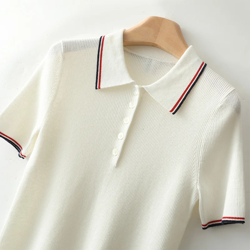 Womens Polo Collar Color Blocking Pullover T-shirt Wool Cotton Short-sleeved Tees Sweater Summer Fashion Knitted Bottoming Tops 240518