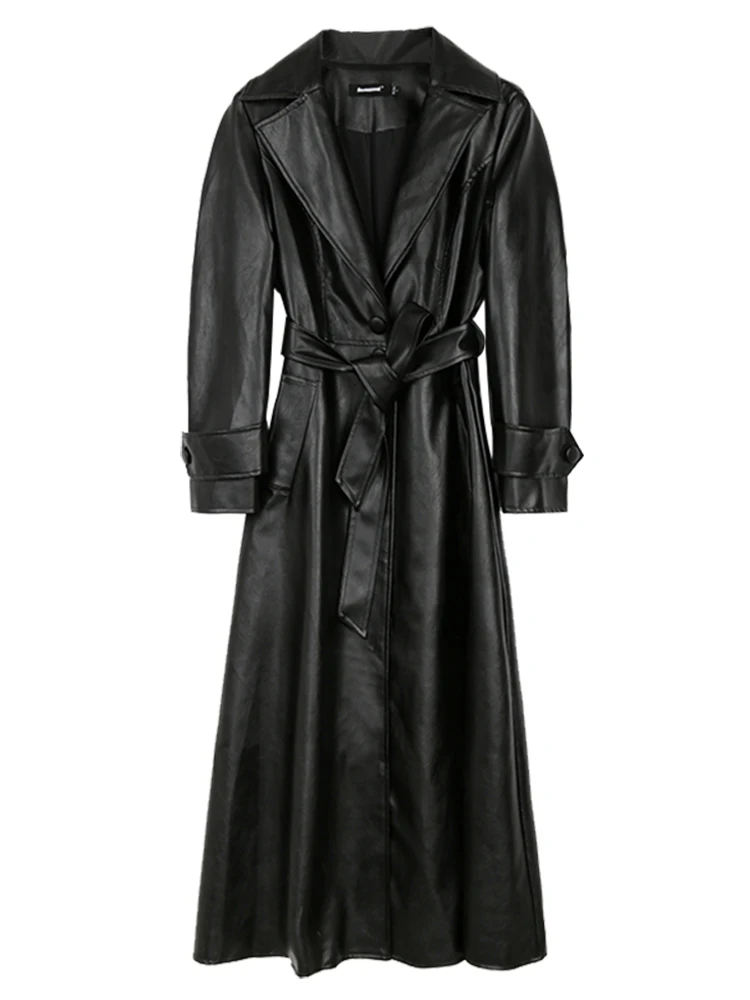 Nerazzurri Spring Autumn Long Fitted Black Pu Leather Trench Coat for Women Sashes Luxury Elegant Plus Size Outerwear 4xl 5xl