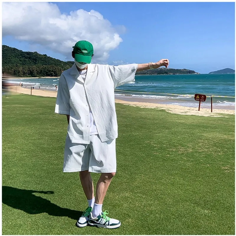 Summer TwoPiece Mens Sets Shirt and Shorts Casual Outfits Oversized Short Suit Plain Clothes Clean Fit Black White Green 240518