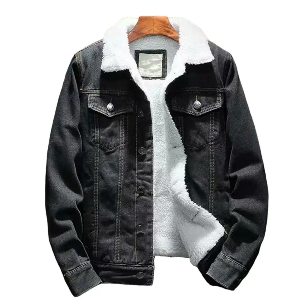 Men Jean Jacket new Thicken Lamb Cashmere Lining Solid Color Coldproof Outerwear Winter Single Breasted Denim 2025 Coat Streetwear