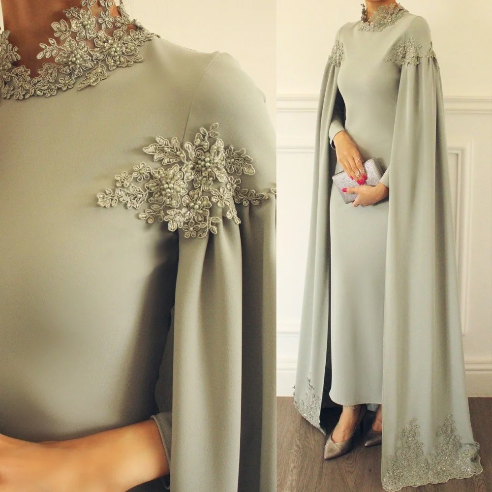 Arabic High Neck Satin Women Muslim Evening Dresses Prom Lace Beaded Elegant Long Sleeve Formal Evening Gown