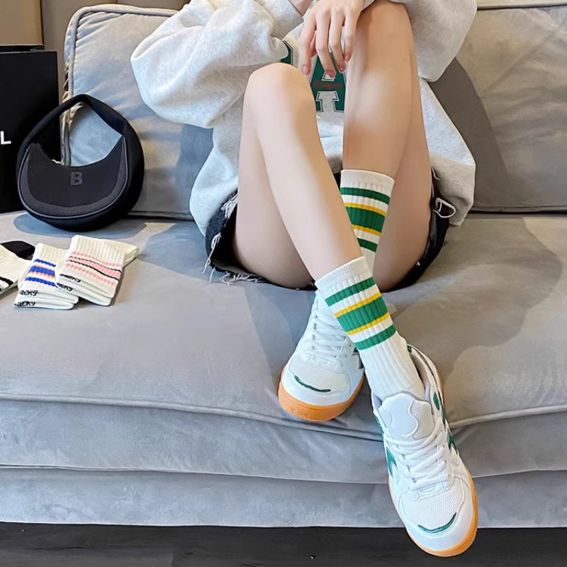 OC-Vinda P6001 Medium Length Athletic Women's Seasonal Thin Cotton Socks Sports Colored Fashionable Horizontal Stripes Young Students on Campus