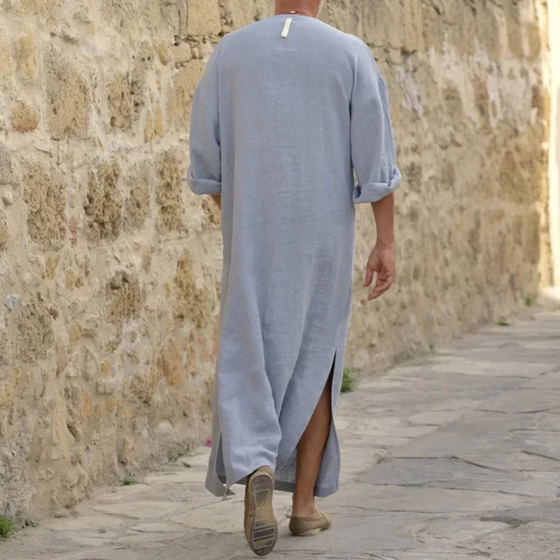 Plus Size S-5XL Men's Muslim Robe V-neck Casual Soild Cotton/Linen Pockets Loose Long Sleeve Vintage Arab Ethnic Islamic Dress