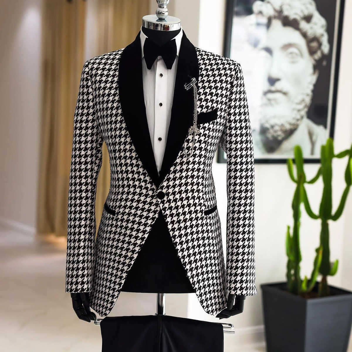 White Plaid Mens Wedding Tuxedos Shawl Lapel Ceremony Groom Wear Party Birthday Black Pants Suits 2 Pieces