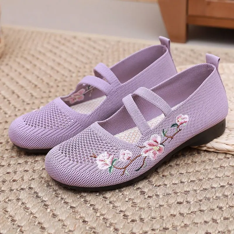 lilac summer flats mom new strapped shoes women's spring embroidered flower 2025 loafers ladies mary jane flat shoes ethnic ballet flats