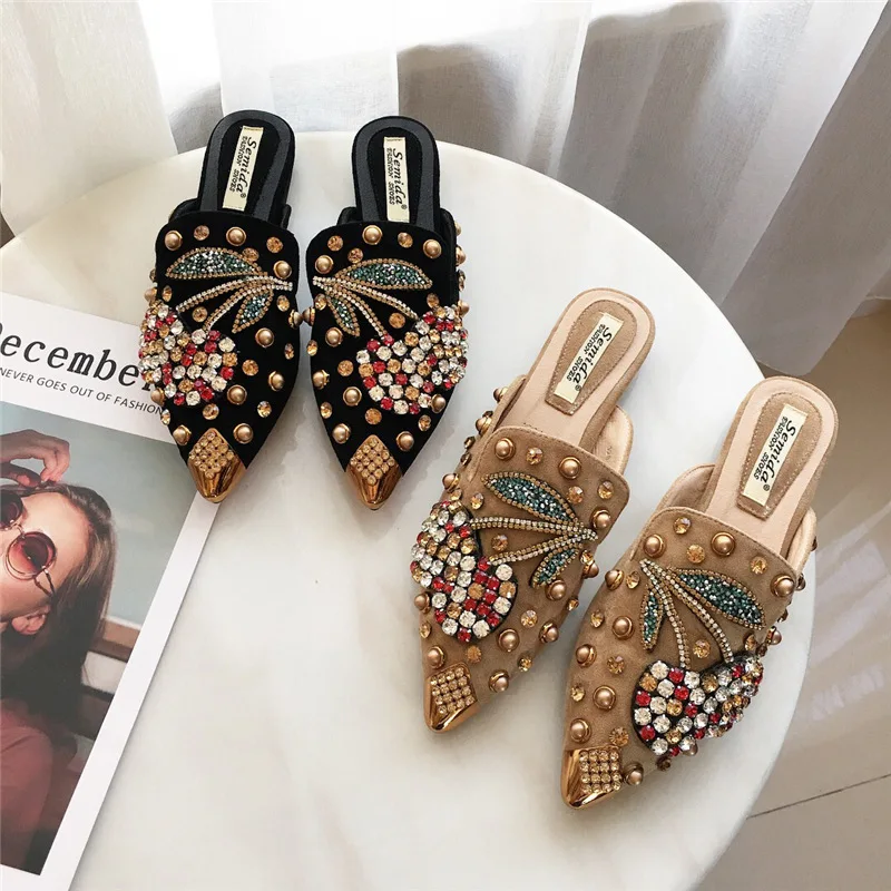 Woman Flats Shoes Rhinestone Cherry 2021 new Spring New Female Metal 2025 Pointed Toe Casual Shoes Comfortable Flat Shoes