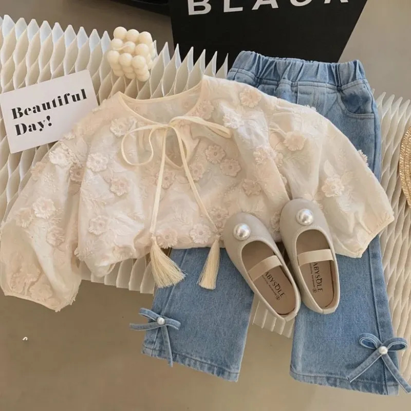 Fashion Baby Girl Bow Jean Flare Pant Infant Toddler Child Elegant Preal Denim Trousers Bell-bottomed Pant Baby Clothes 1-7Y 240521
