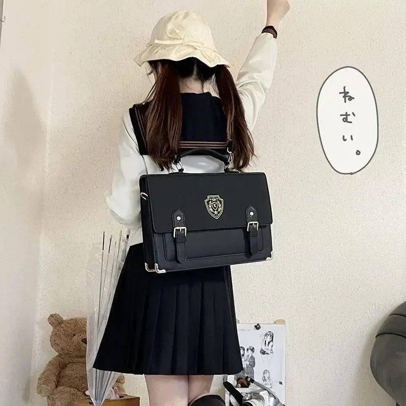 Women Temperament Versatile Large Capacity College Style Jk Design Sense Solid Color Double Shoulder Crossbody Emblem Briefcases