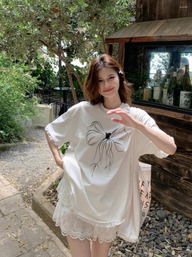 Womens T Shirts Graphic Bow Loose Lace Hem White T-Shirt Women Oversized Top #korean Cloth E-girl Fairycore 2000s Grunge Aesthetic