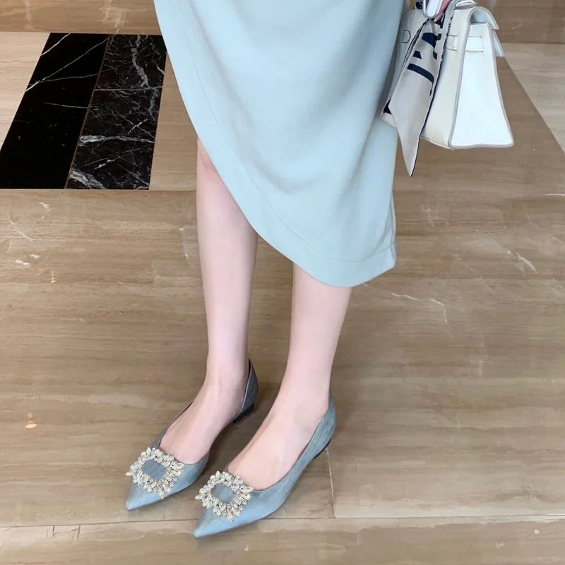 Pointed 2025 Flat Shoes Women's Side Empty Shallow Water Drill new Square Buckle Gentle Temperament Ladies Summer Boutique Women's Shoes