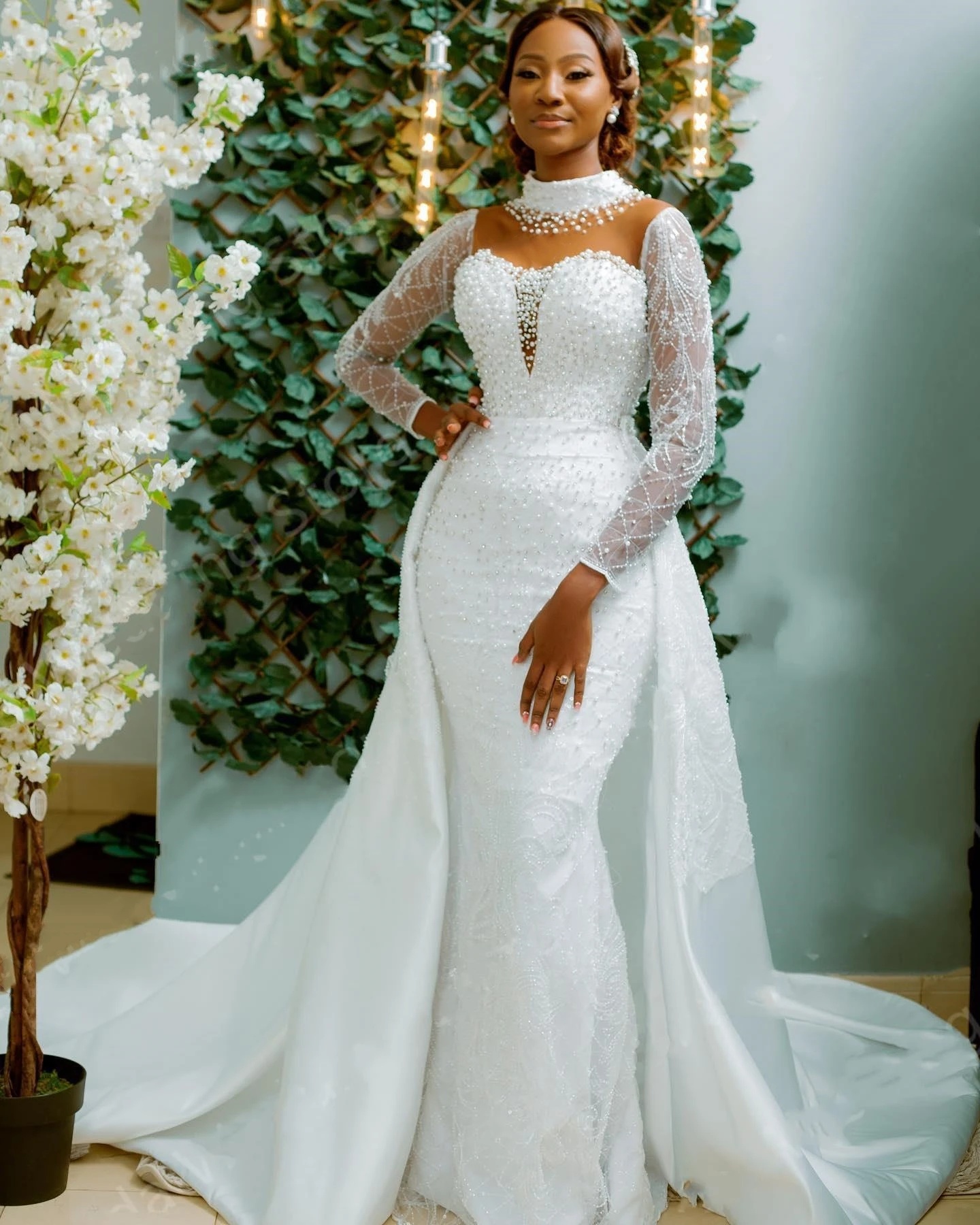 Ful Wedding Dresses Lace Pearls Rhie Bridal Gowns With Overskirts Custom Made Mermaid Vestidos De Novia Plus Size 0219