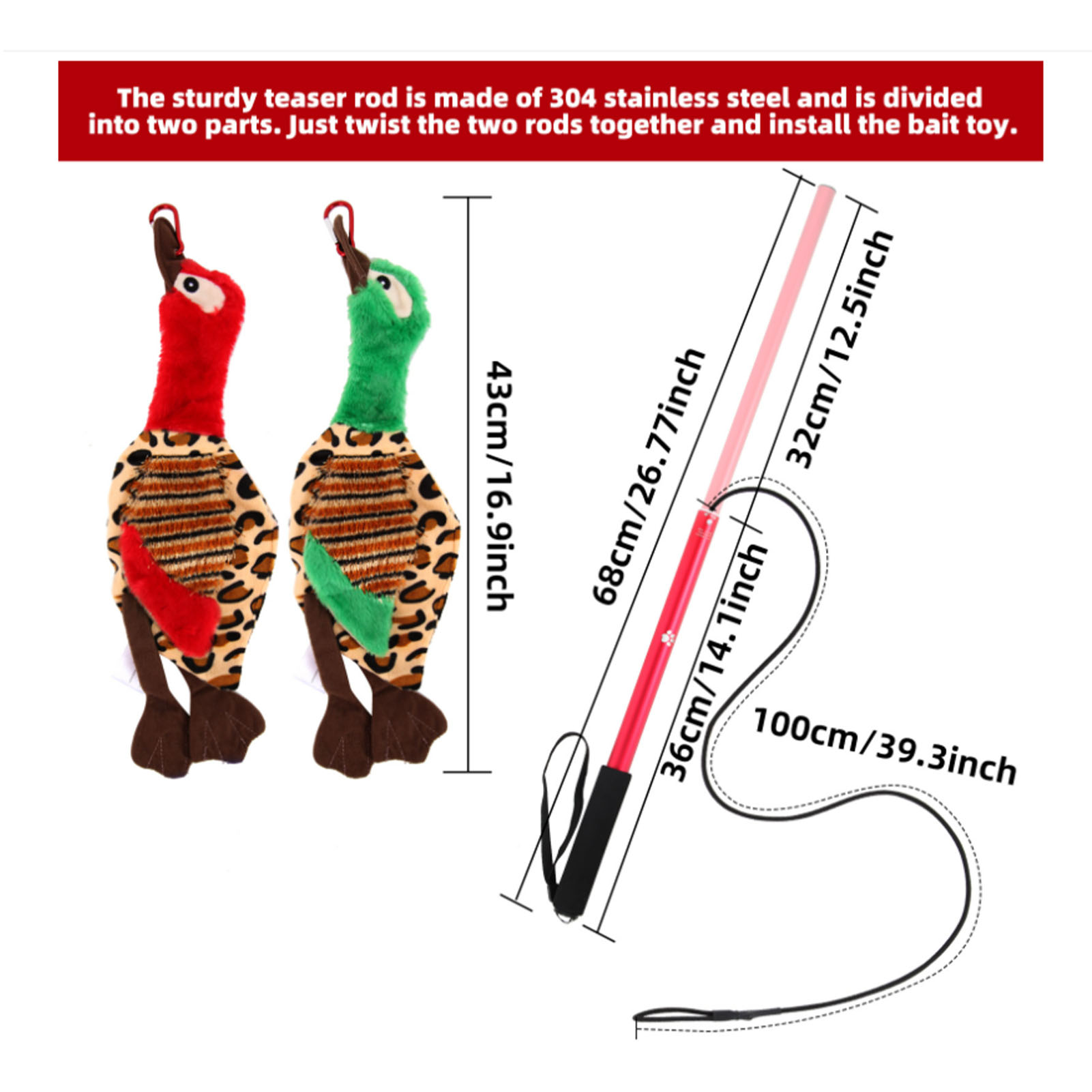 Flirt Pole For Dogs Tug-e-nuff Rope Toy With Flexible Nylon Rope & Non-slipping Handle & 2 Plush Toys Outdoor Interactive Toy