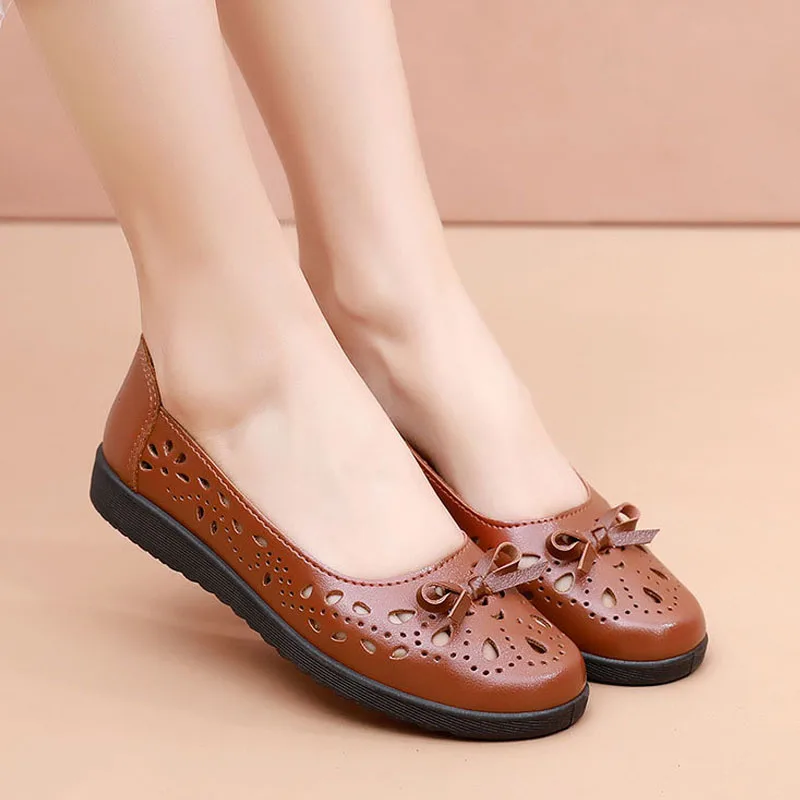 Summer Women Casual Shoes Leather Soft 2025 Sandals Female Ballet Flats Sneakers Cut Out new Slip On Moccasins Ladies Footwear WSH4826