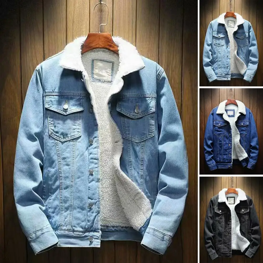 Men Jean Jacket new Thicken Lamb Cashmere Lining Solid Color Coldproof Outerwear Winter Single Breasted Denim 2025 Coat Streetwear