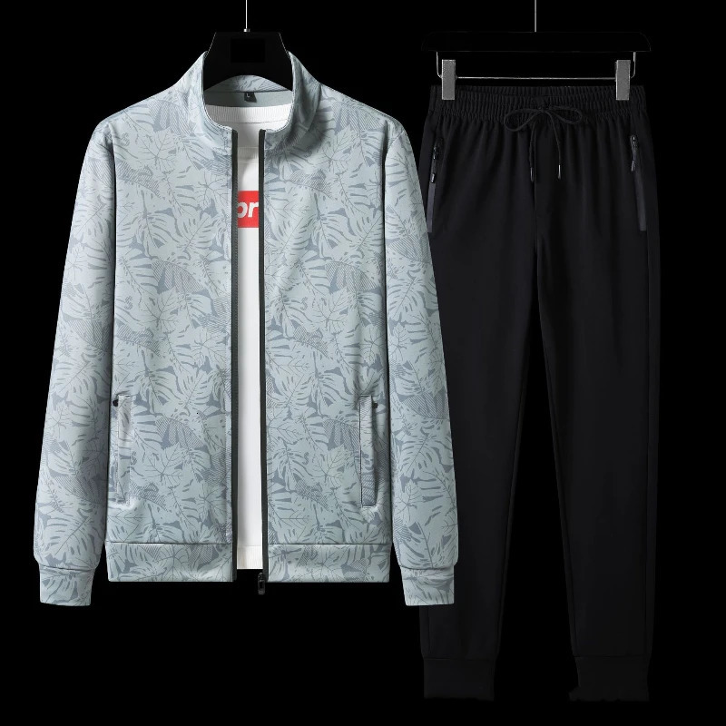 7XL Large Spring Two Piece Youth Sports Set Mens Casual Loose Sweatwear Cardigan Long sleeved Coat Set 240513