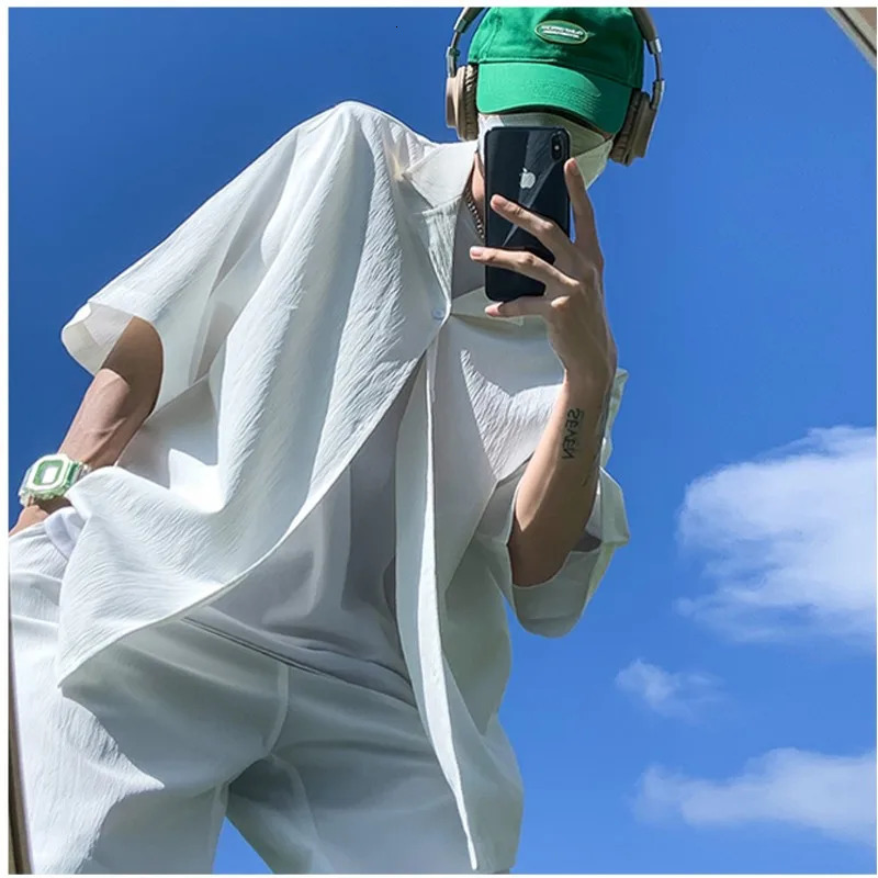 Summer TwoPiece Mens Sets Shirt and Shorts Casual Outfits Oversized Short Suit Plain Clothes Clean Fit Black White Green 240518