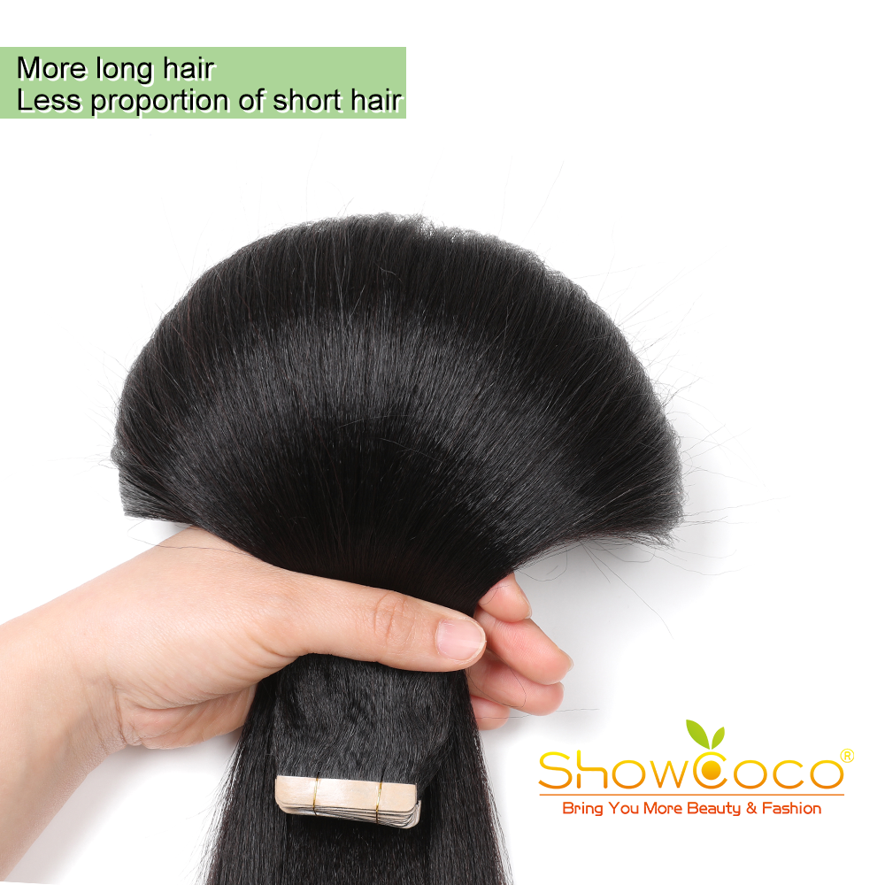 ShowCoco Light Yaki Tape In Human Hair Extensions 12"-26" Yaki Straight Nautral Color Invisible 100% Remy Hair