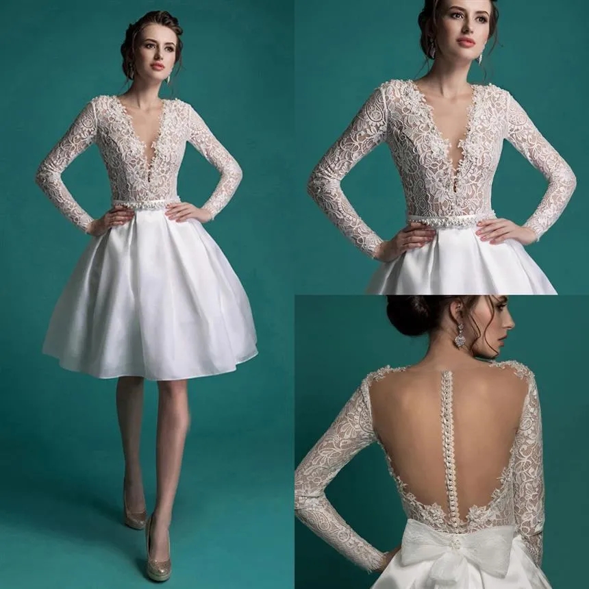 Vestido de noiva Lace Wedding Dress 2024 Short Champagne Tulle Pearls Bride Dresses Knee Length Illusion Back Wedding Gowns