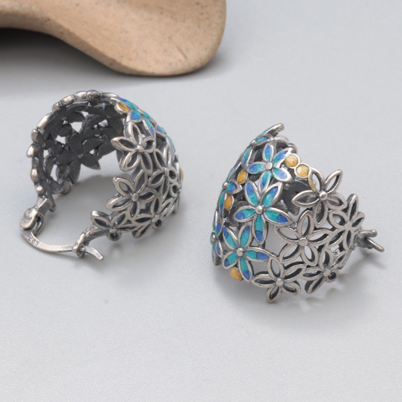 Vintage 925 Sterling Silver Enamel Earrings for Women Girls Ethnic Hollow Flower Cluster Hanging Earrings Original Jewelry EH184