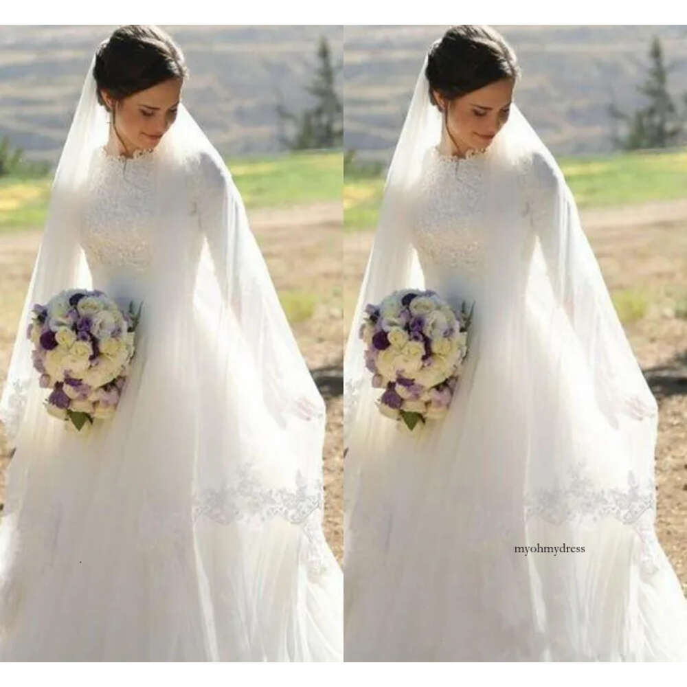 Muslim Dresses High Neck Half Sleeves Appliques Satin Tulle Floor Length Modest Wedding Gowns Bridal Dress Zipper 0521