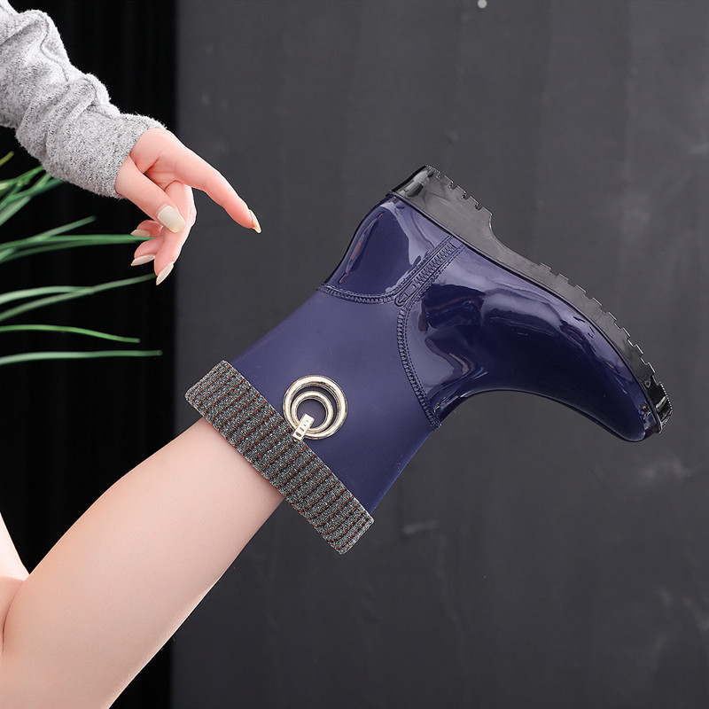 Lady New Women PVC Fur Warm Rain Boots Solid Short Tube Low Heel Female Shoes Adult Waterproof Jelly Rubber Boots Candy Color7jk