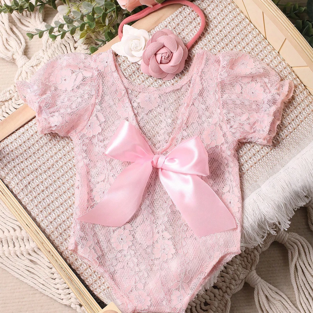 Ylsteed Newborn Big Bow Lace Romper for Photo Shooting Baby Girl Photography Outfits with Flower Headband Infant Photo Props