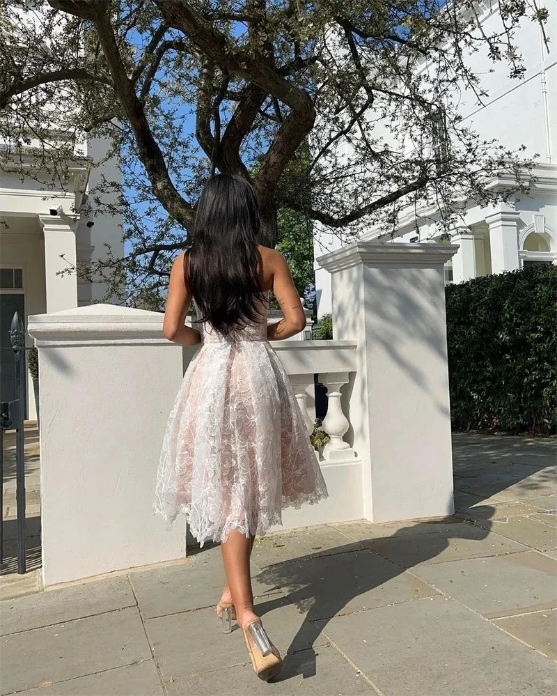 Floral Lace Strapless Wedding Dresses Sleeveless Designer Short Bridal Gowns Summer Beach A Line Vestidos De Novia Knee Length Bride Reception Dance D