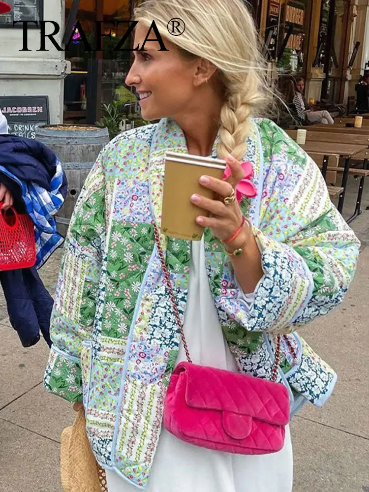 TRAFZA Women Elegant Floral Reversible Coat Vintage Long Sleeve Cardigan Jacket 2023 Autumn Women Streetwear Coats