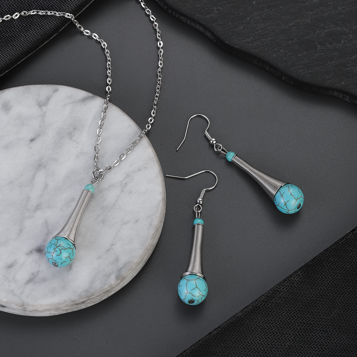 Boho Vintage Natural Stone Green Turquoises Ball Pendant Necklace Choker for Women Water Drop Ethnic Indian Jewelry Set
