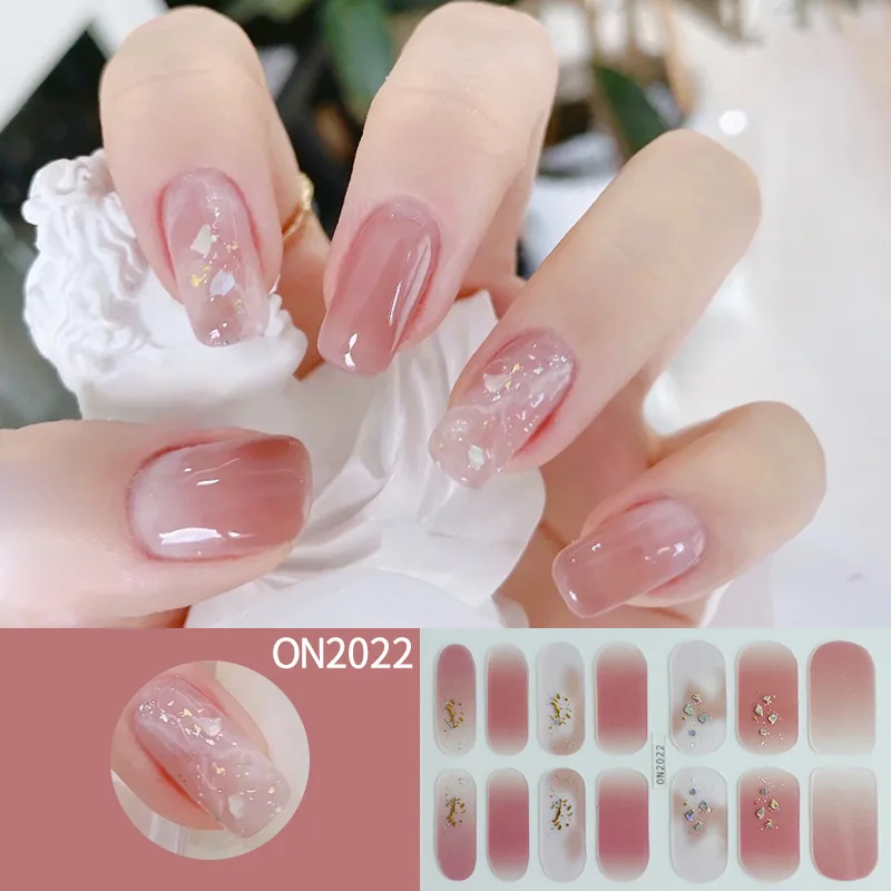 Gel 14Tips Uv 3D Nail Stickers Flowers Gradient Color Adhesive Full Cover Semi Cured Gel Nail Wraps DIY Manicure Arts Decals smile