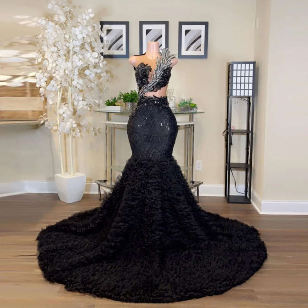Long Black Mermaid Prom Dresses Beaded Diamond Ruffles Illusion Sexy Formal Party Evening Dress Graduation Gowns Vestidos De Novia 0521