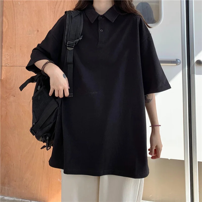 Summer solid color college style sports polo shirt female student class uniform shirt collar short sleeved T-shirt for wo 240521