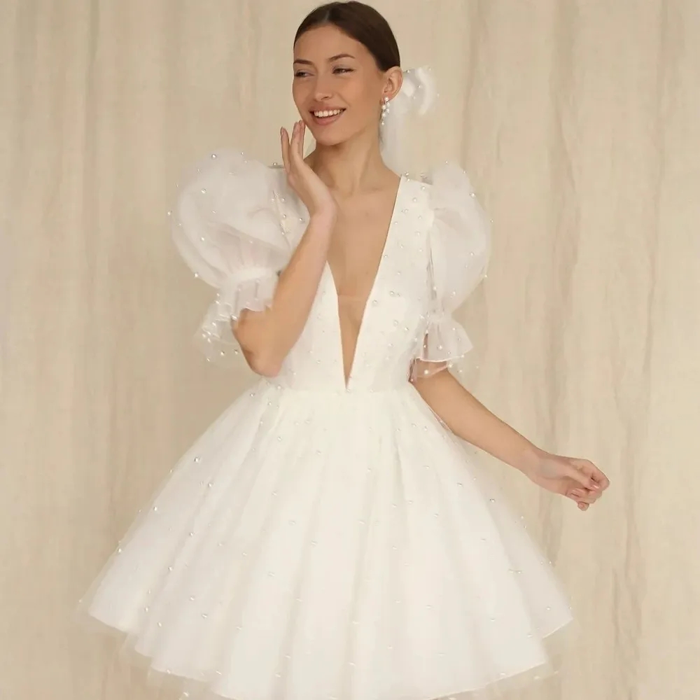 Modern Sleeve Short A Line Wedding Dresses Pearls Deep V Neck Mini Bridal Puffy Skirt Second Reception Gown