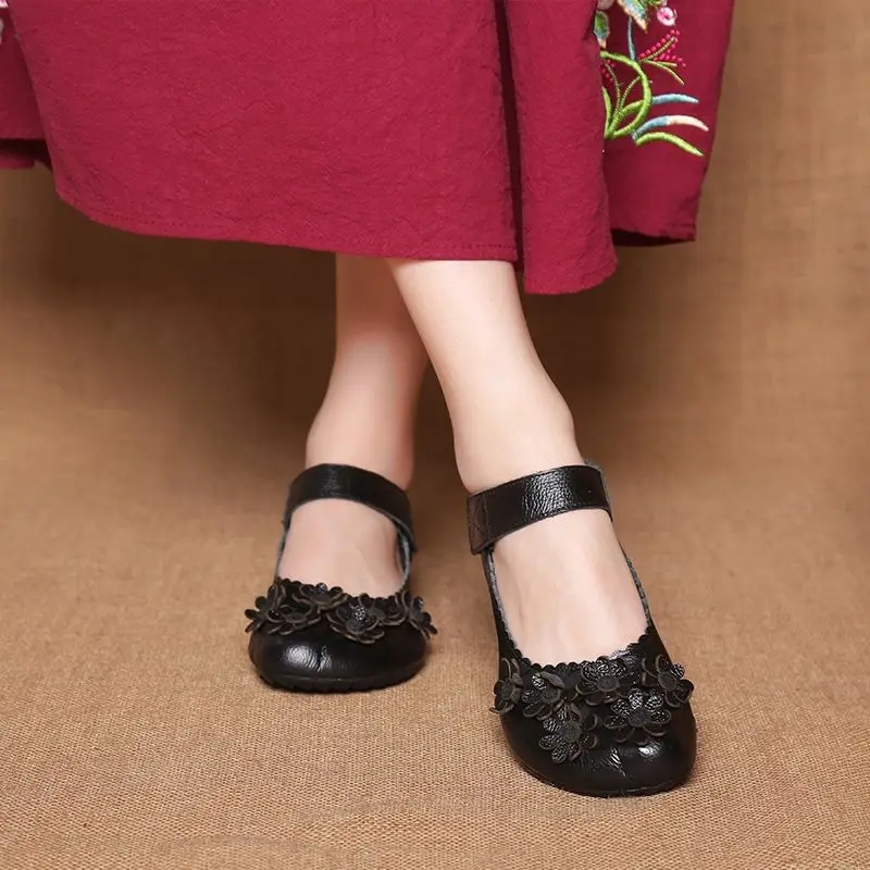 Red Genuine Leather Flats Women's Mary Jane Sandal Shoes new With Straps 2025 Ladies Hook Loop Vintage Shoes Women's Moccasins