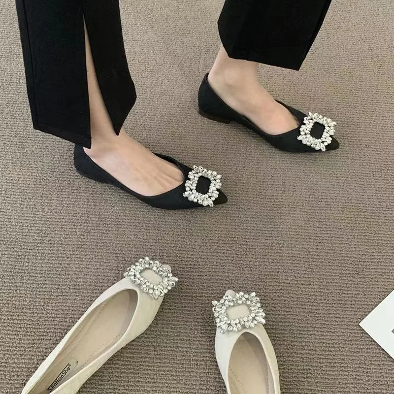 2023 New new Banquet Temperament Rhinestone French 2025 Flat Shoes Women's Summer Black Pointed Shallow Grandma Shoes Boat Shoes