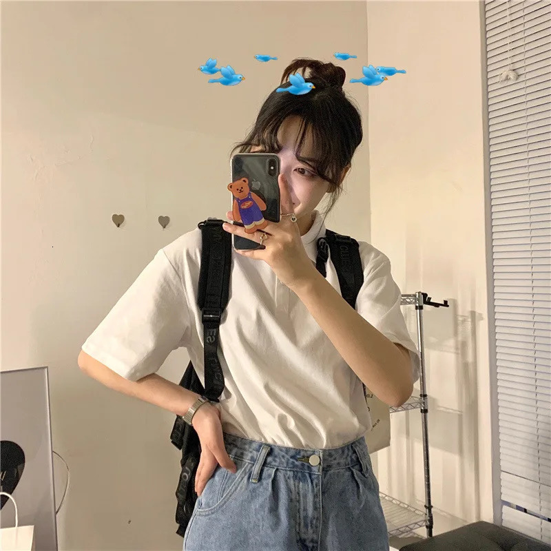 Summer solid color college style sports polo shirt female student class uniform shirt collar short sleeved T-shirt for wo 240521