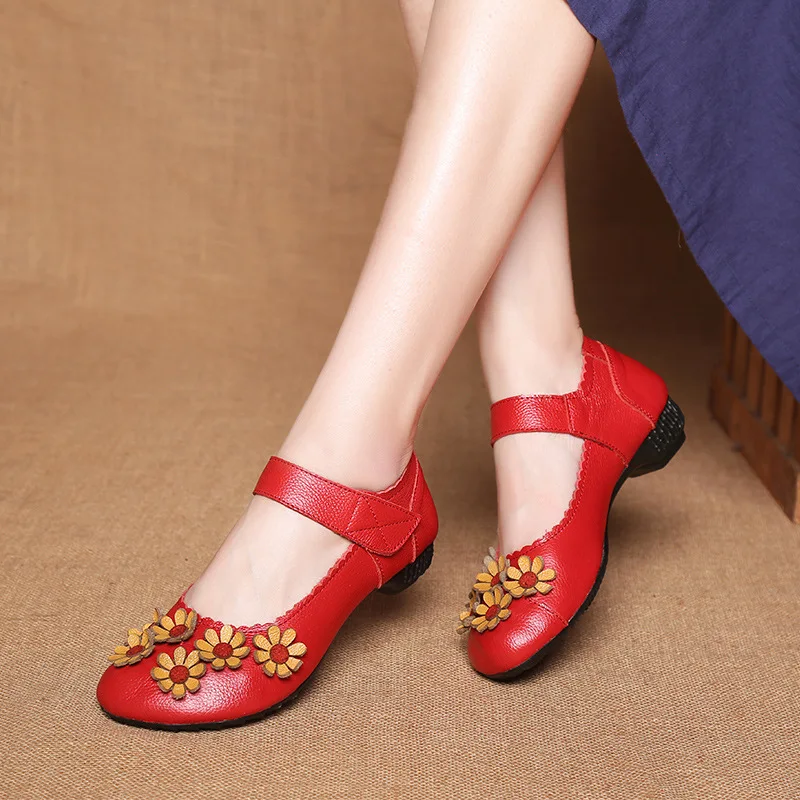 Red Genuine Leather Flats Women's Mary Jane Sandal Shoes new With Straps 2025 Ladies Hook Loop Vintage Shoes Women's Moccasins