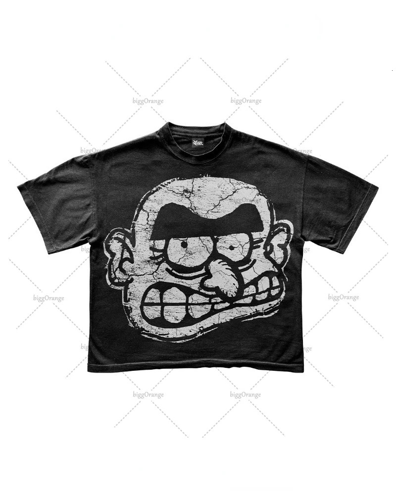 Gothic American Retro Oversized Tshirt Men Y2k Cartoon Print Shortsleeved Spoof Punk Street Casual Loose Top Women 240508